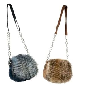 2 Faux Fur Purse Shoulder Bag Long Asjustable Crossbody Strap & Keychain ~7" NWT